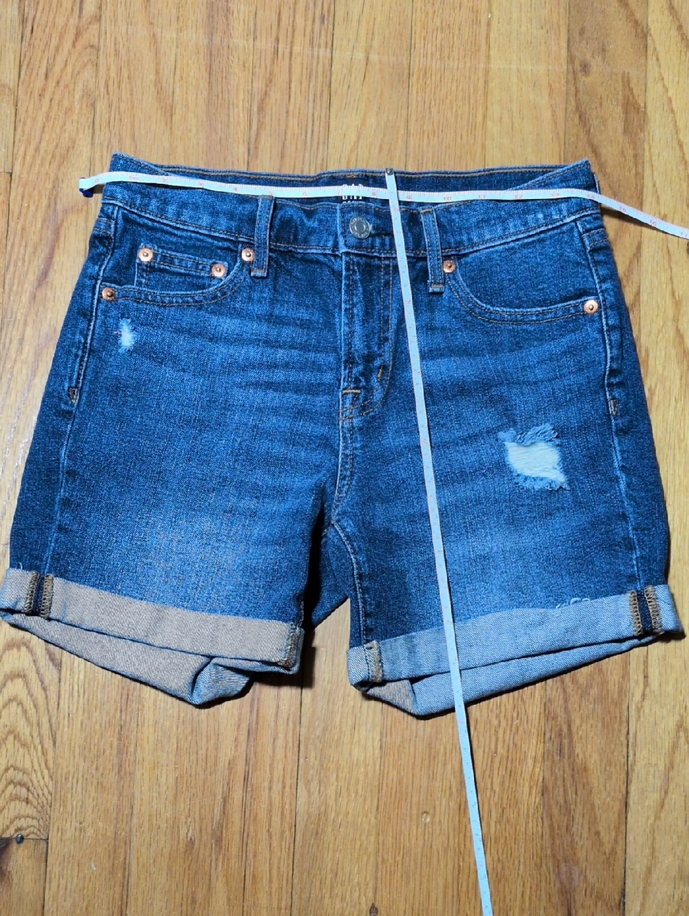 GAP women's high waist Dark Blue Rolled Cuff Distressed Denim jean Shorts jorts